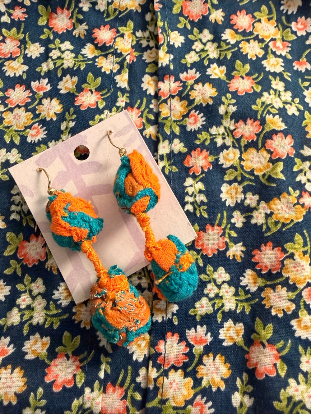 Handmade Orange & Teal Pom Pom Drop Earrings